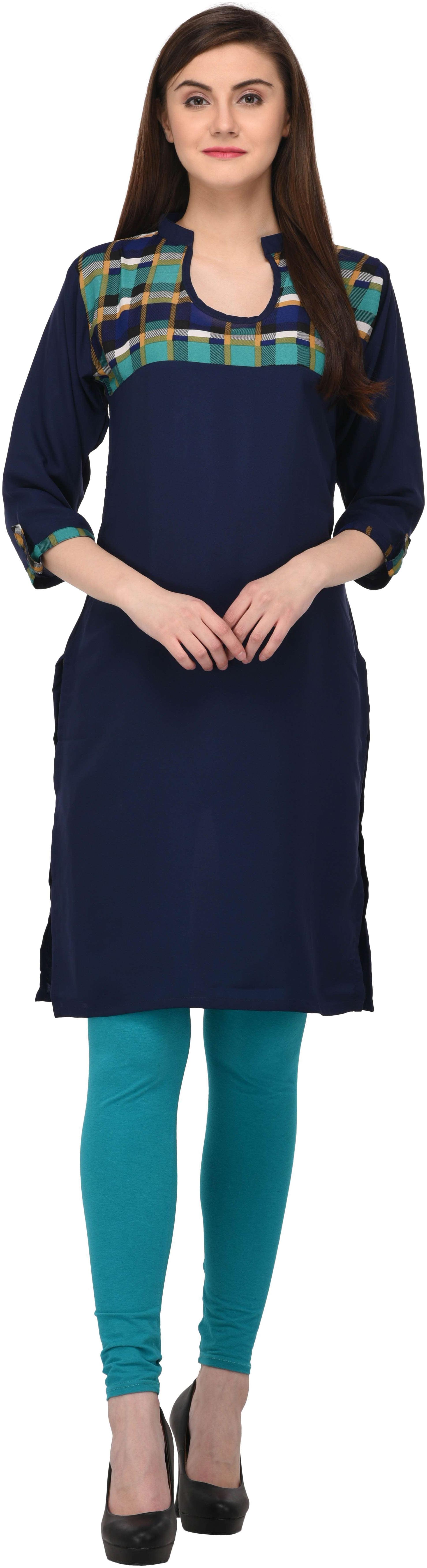 

Drapes Women s Kurtis Blue checks Printed on neck part 3 4 Sleeve in Crepe