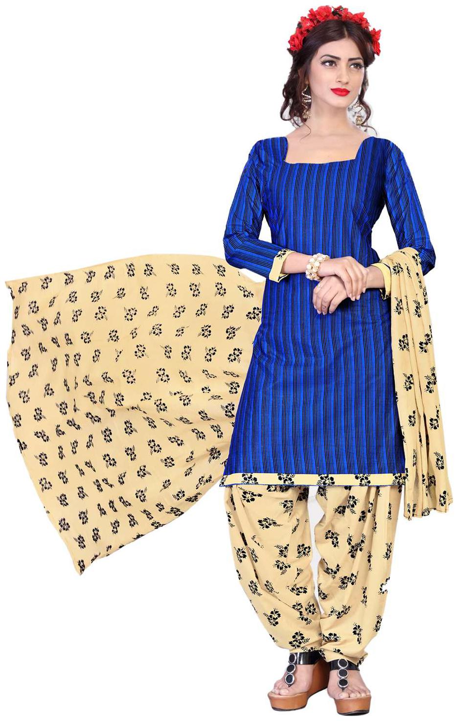 

Drapes Women s Blue Cotton printed Patiyala Dress Material (Unstitched)