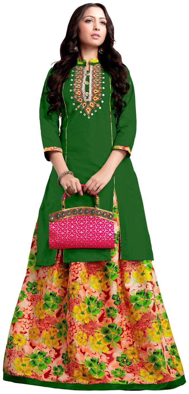 

Drapes Women s Embroidery Kurtis Green 3 4th Sleeve with Lehanga Multicolor in Cotton