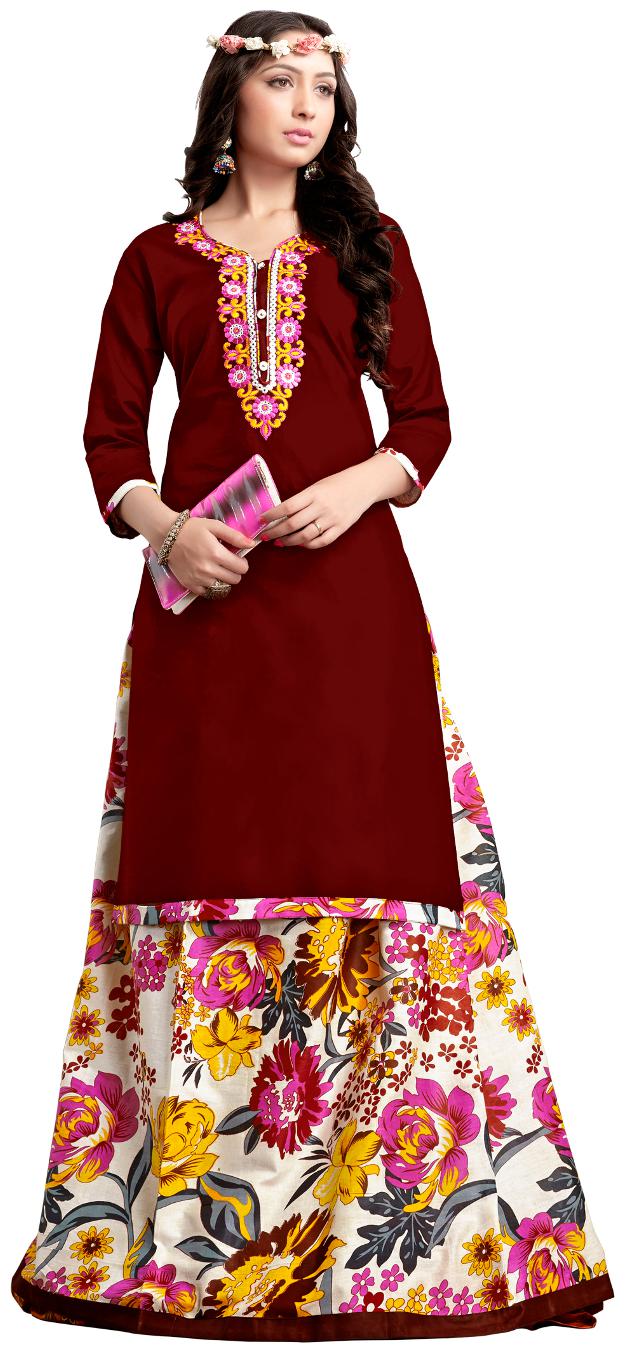 

Drapes Women s Embroidery Kurtis Maroon 3 4th Sleeve with Lehanga Multicolor in Cotton