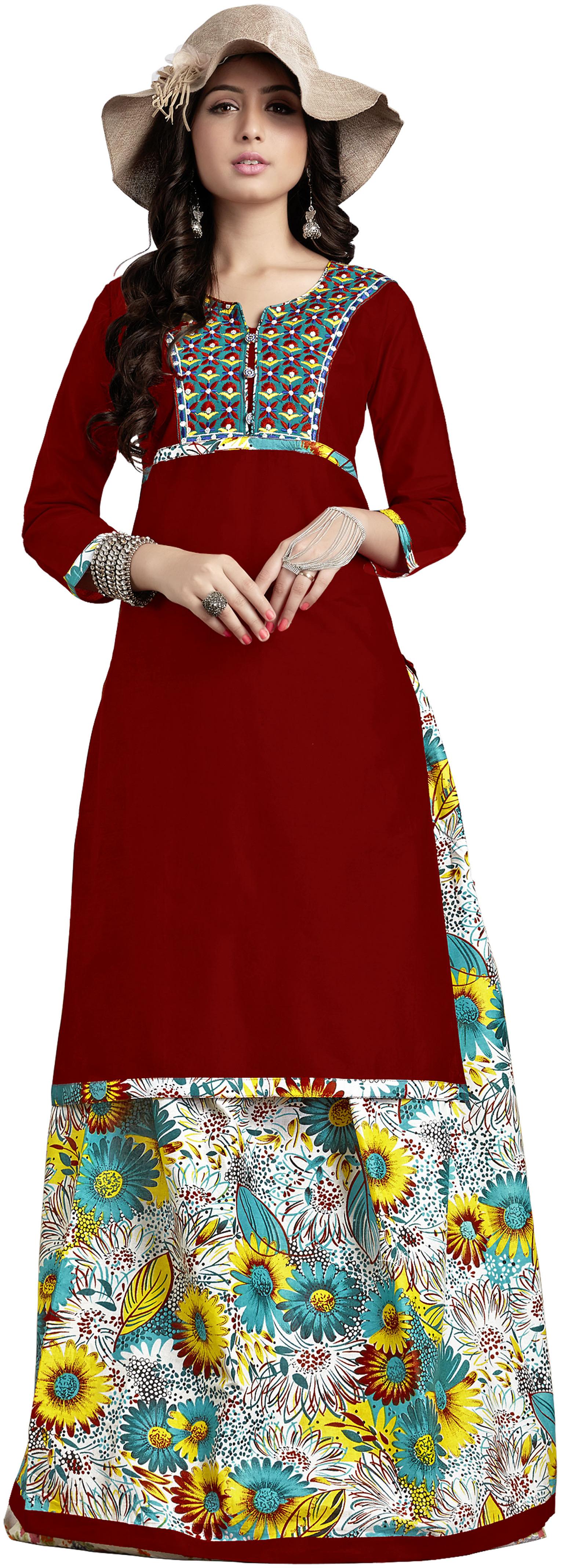 

Drapes Women s Embroidery Kurtis Maroon 3 4th Sleev with Lehanga Multicolor in Cotton Fabric