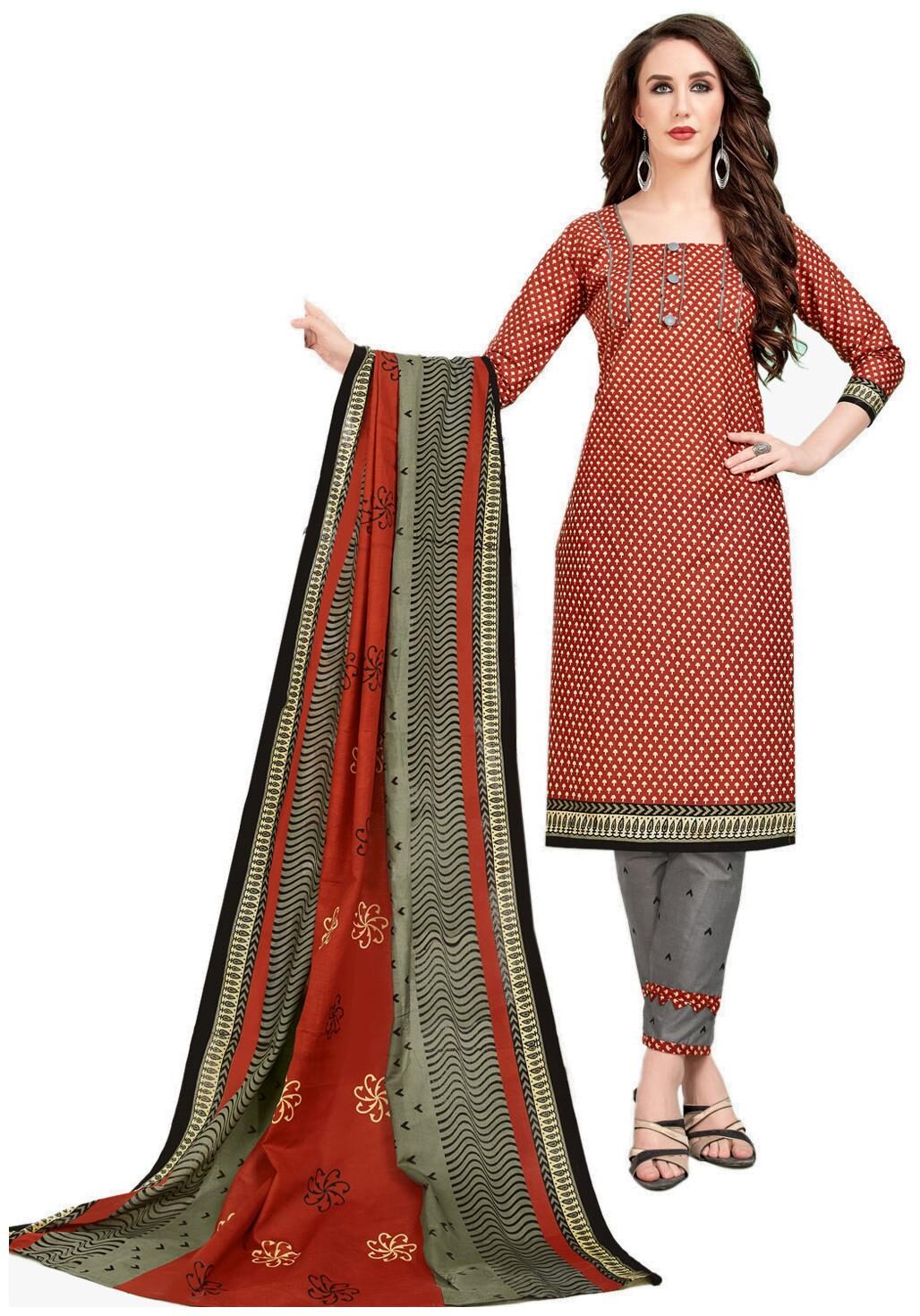 

Drapes Red Unstitched Kurta with bottom dupatta With dupatta Dress Material