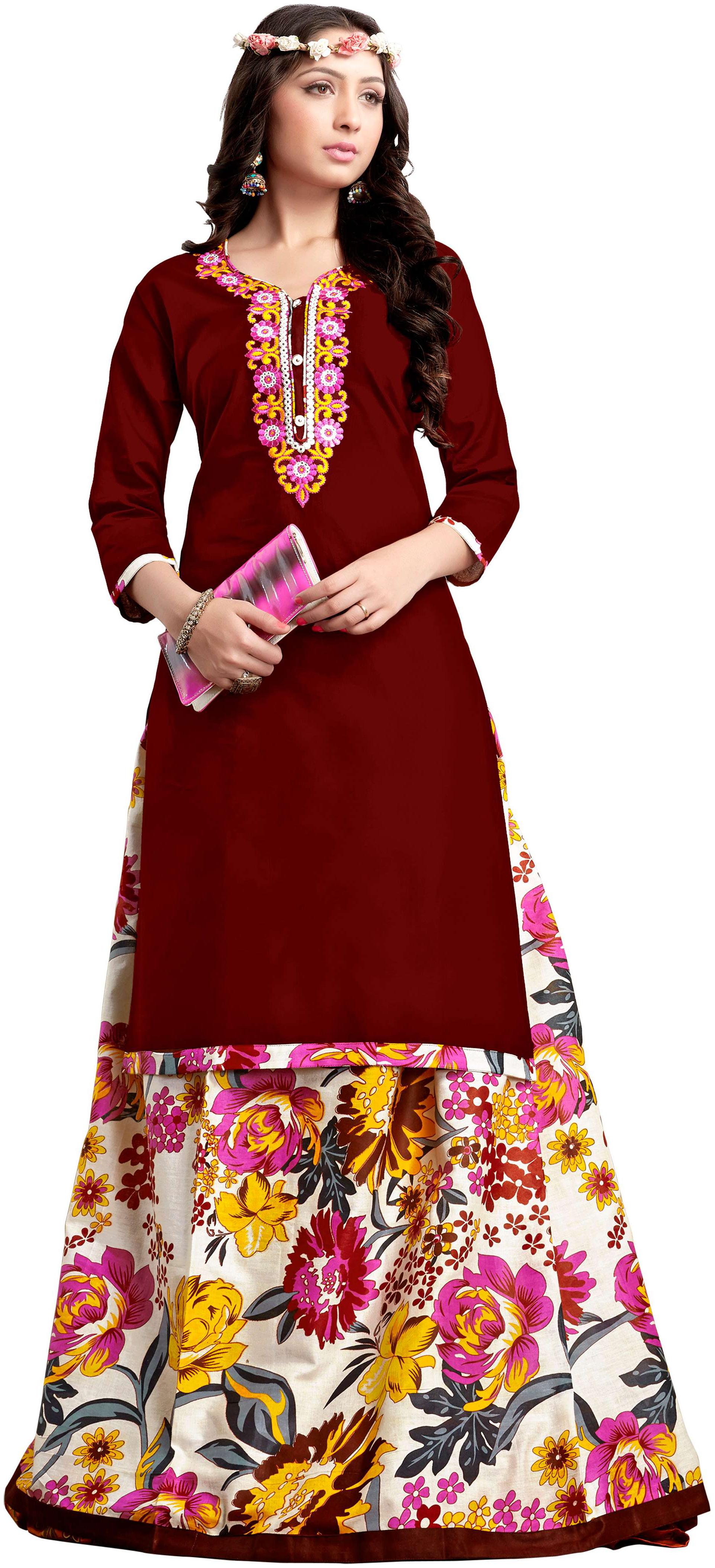 

Drapes Women s Embroidery Kurtis Maroon 3 4th Sleev with Lehanga Multicolor in Cotton Fabric