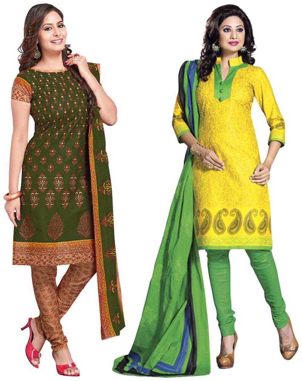 

Drapes Yellow And Green Cotton Unstiched Pack Of 2 Suit