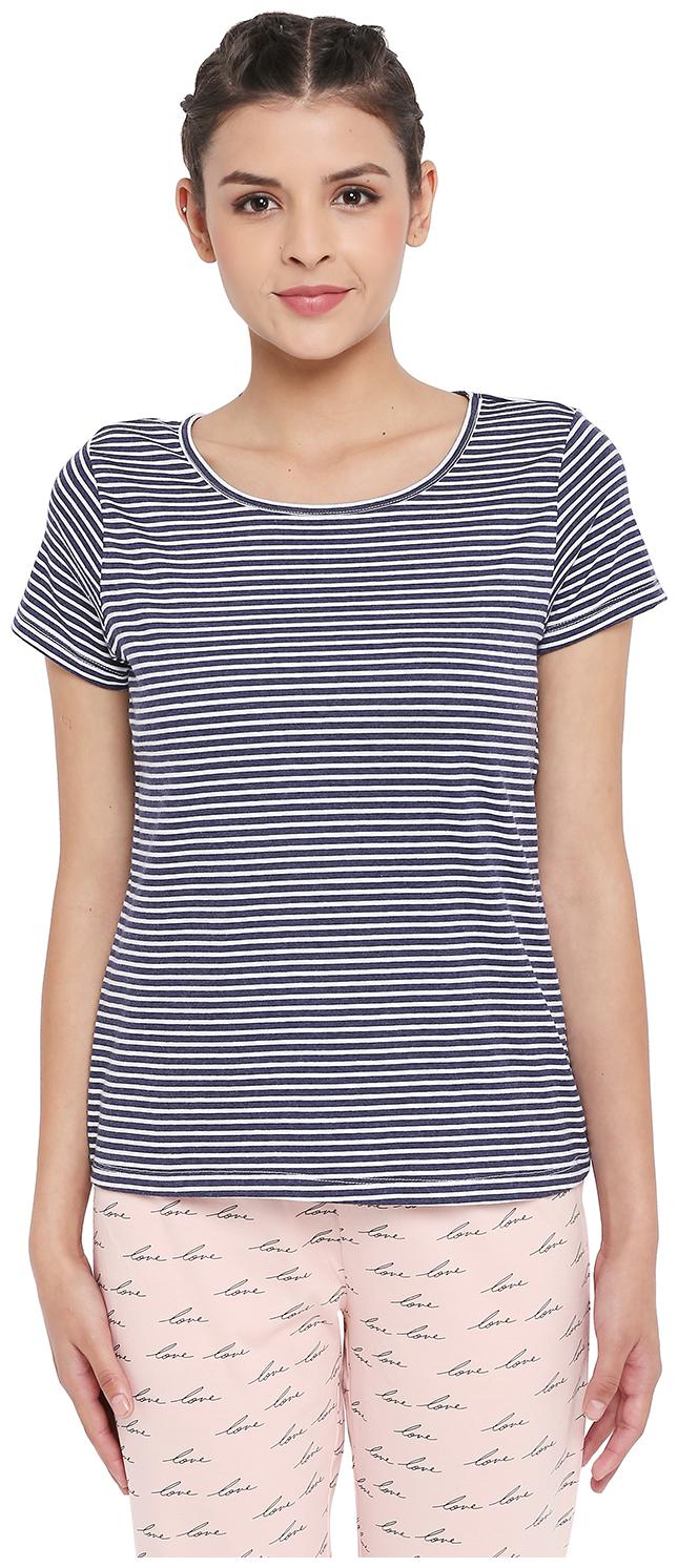 

Dreamz by Pantaloons Women Blue White Regular fit Round neck Cotton T shirt