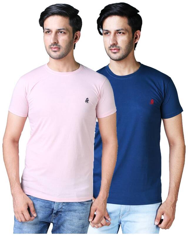 DRRAGON Men Slim Fit Round Neck Solid T-Shirt Pink;Blue