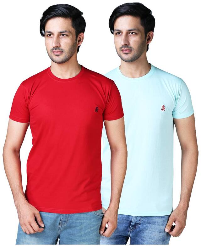 DRRAGON Men Slim Fit Round Neck Solid T-Shirt Red;Turquoise