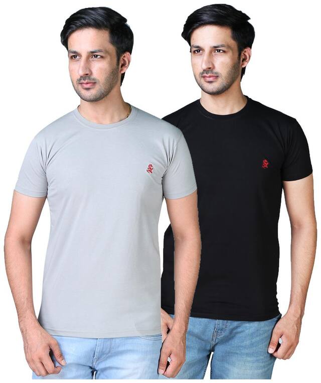 DRRAGON Men Slim Fit Round Neck Solid T-Shirt Grey;Black