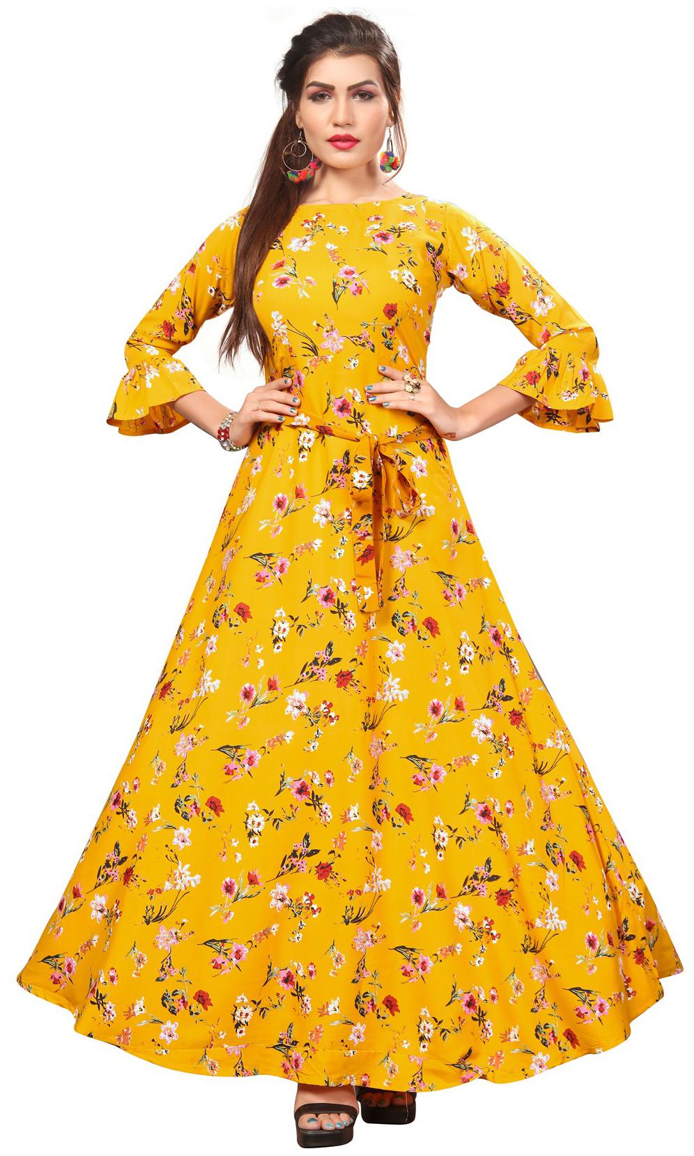 

Dsk Studio Woman s Yellow Crepe 3 4 Flerd Sleeve Anarkali Gown