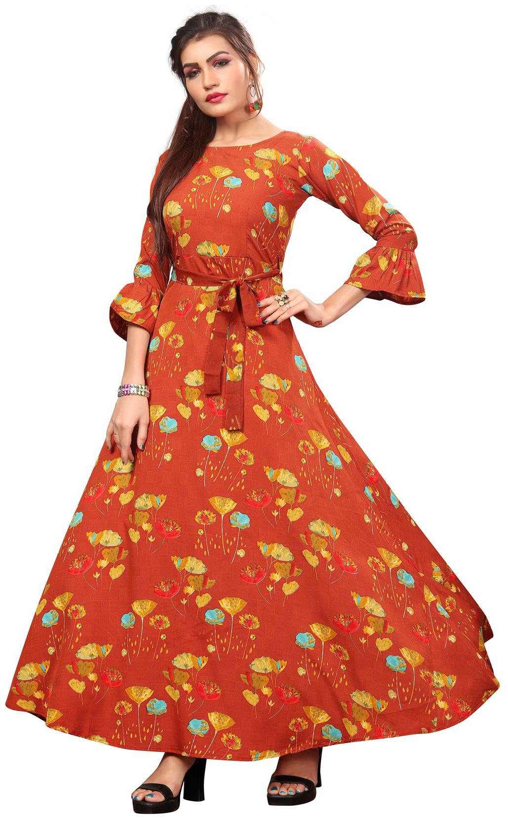 

Dsk Studio Woman s Orange Crepe 3 4 Flerd Sleeve Anarkali Gown