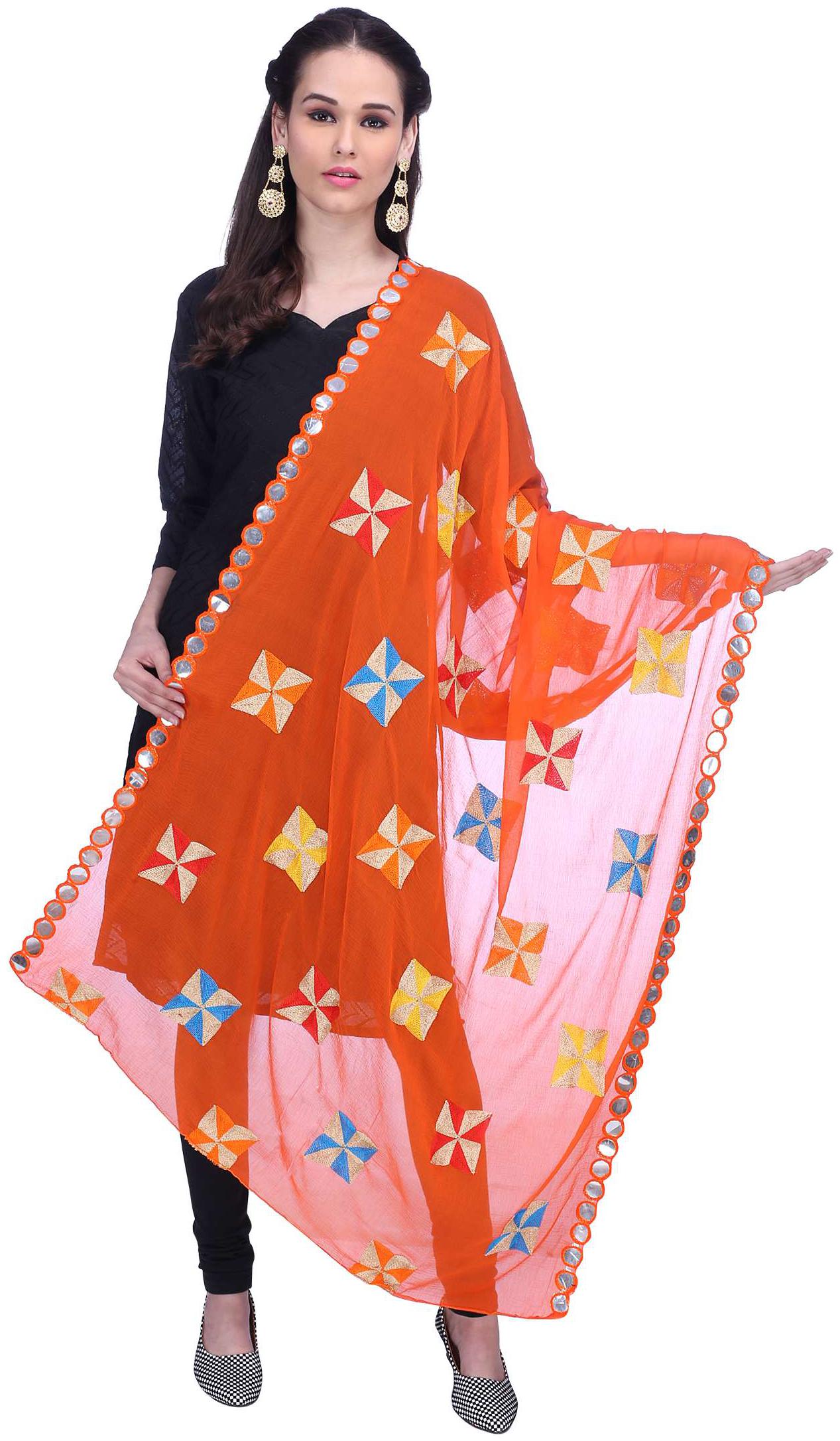 

Dupatta Stole Jacket (Ethnic) Women Orange Chiffon lionize Free Embroidered