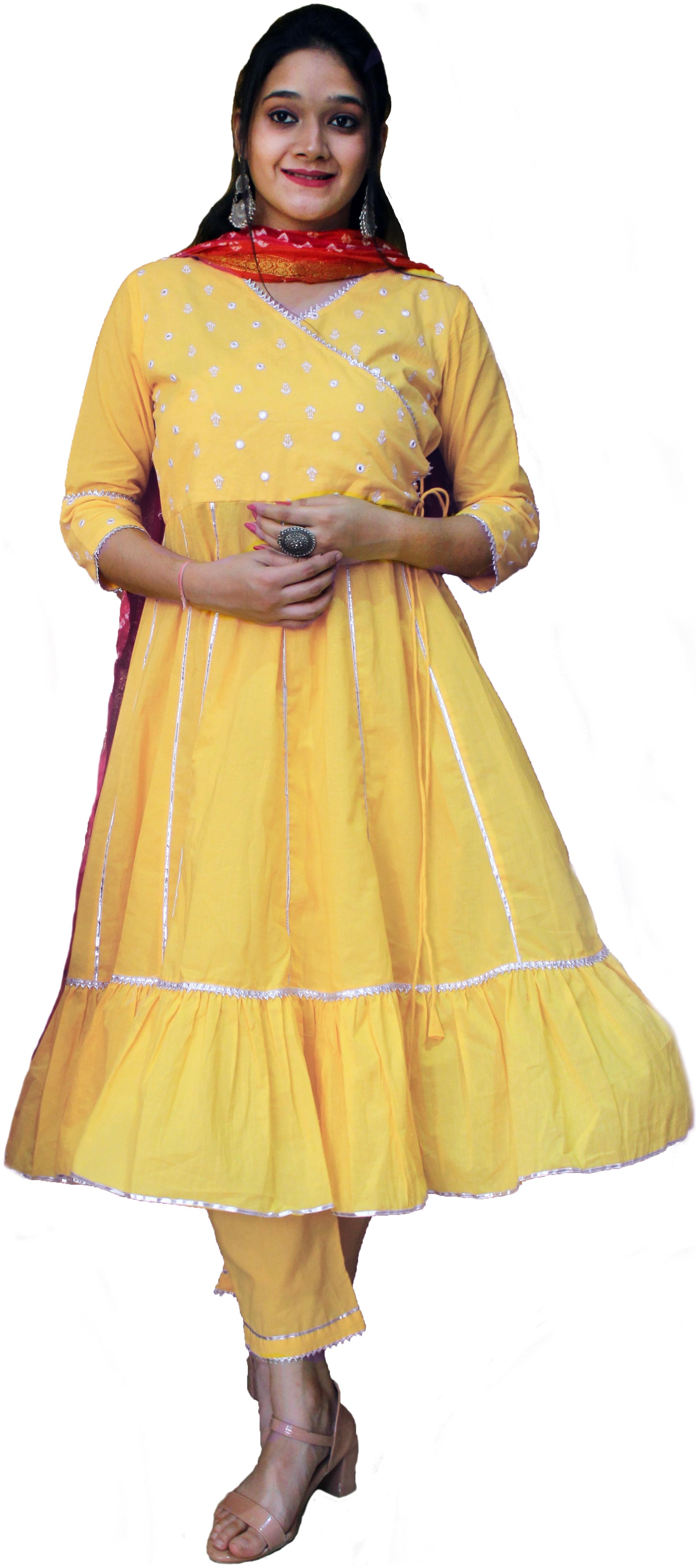 

DYUMANI Cotton Yellow Embroidered Kurta Palazzo For Women