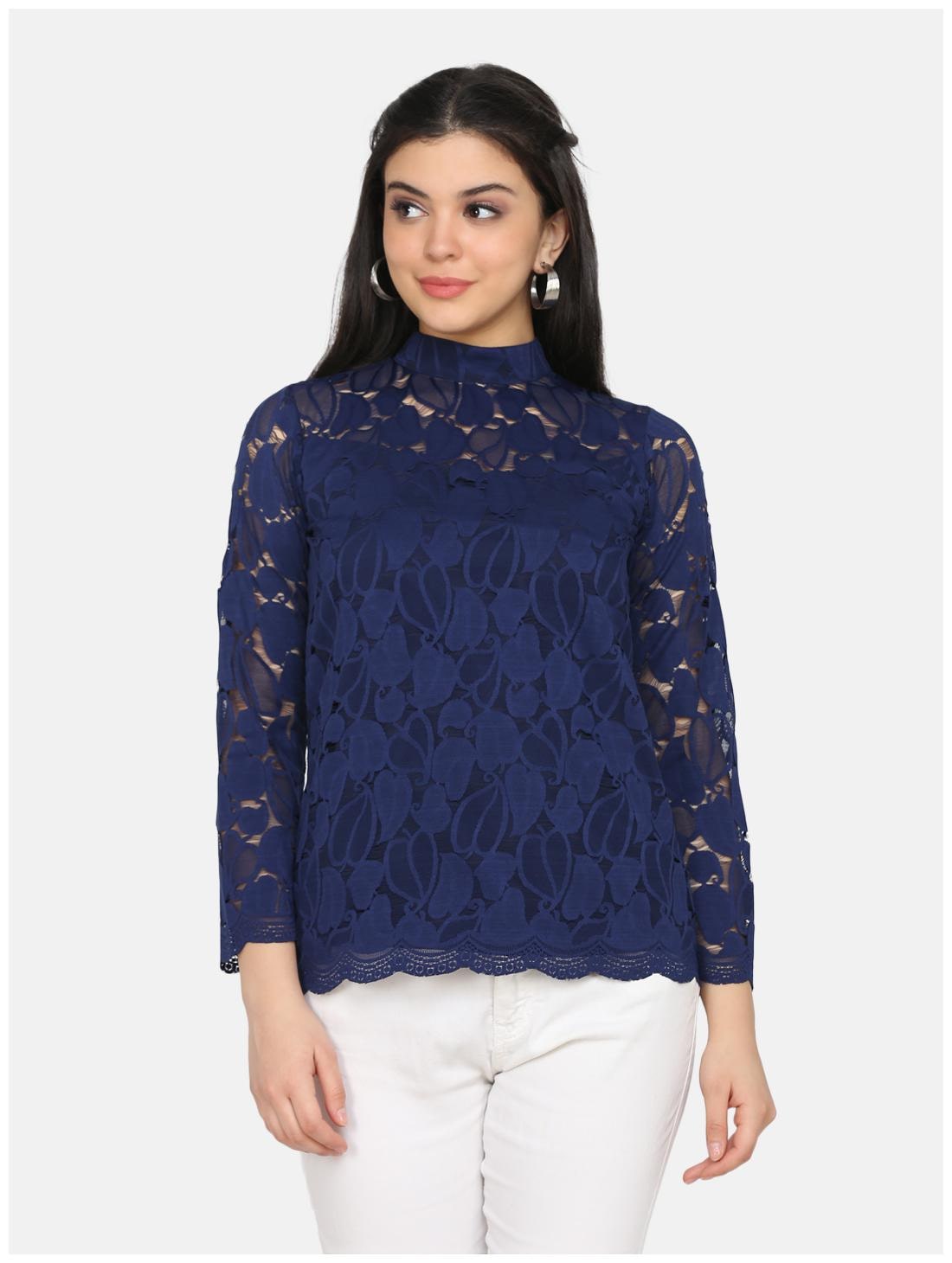 

Eavan Lace Navy Blue Self Design Regular Top For Women