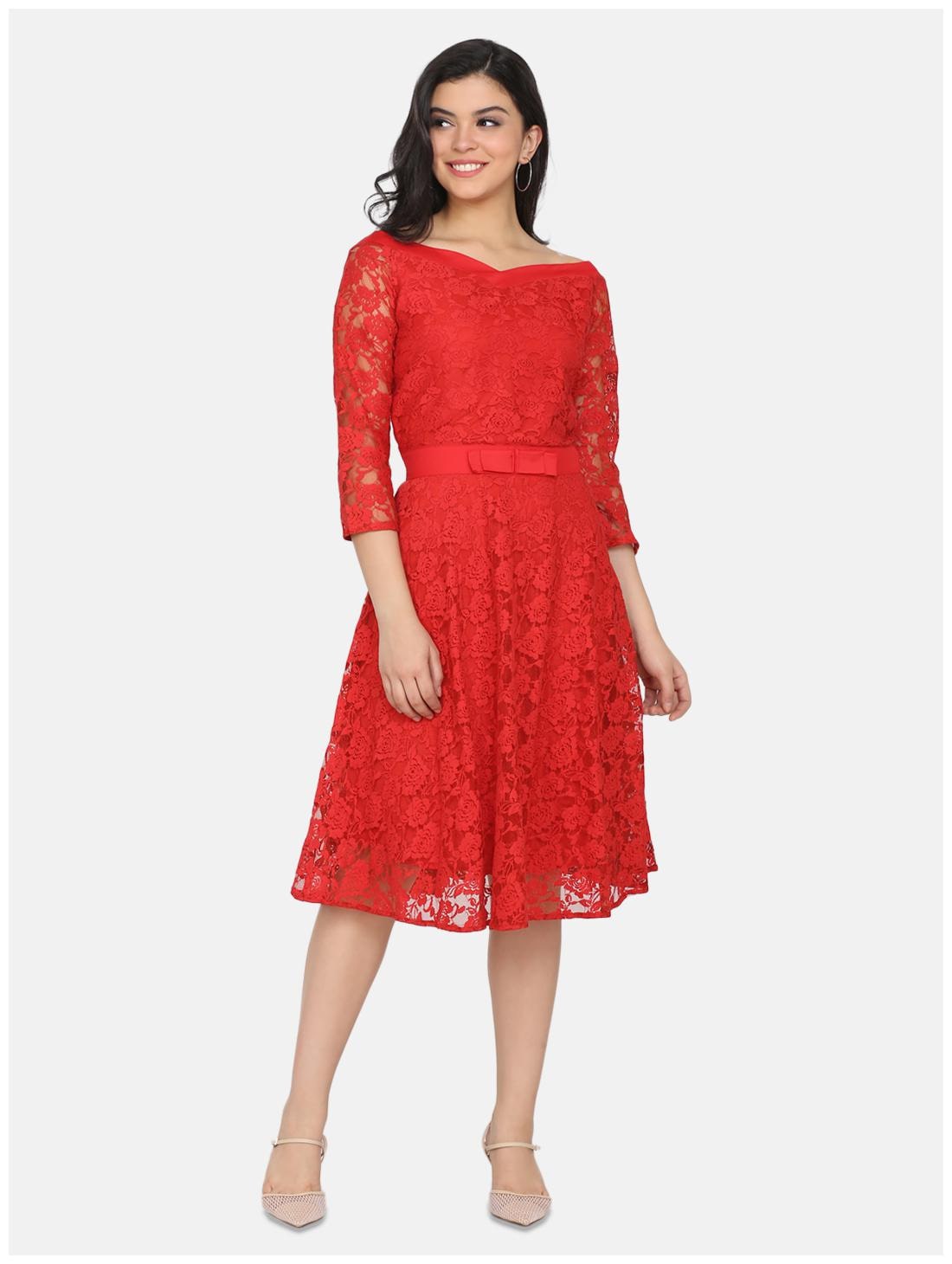 

Eavan Red Self design Fit flare dress