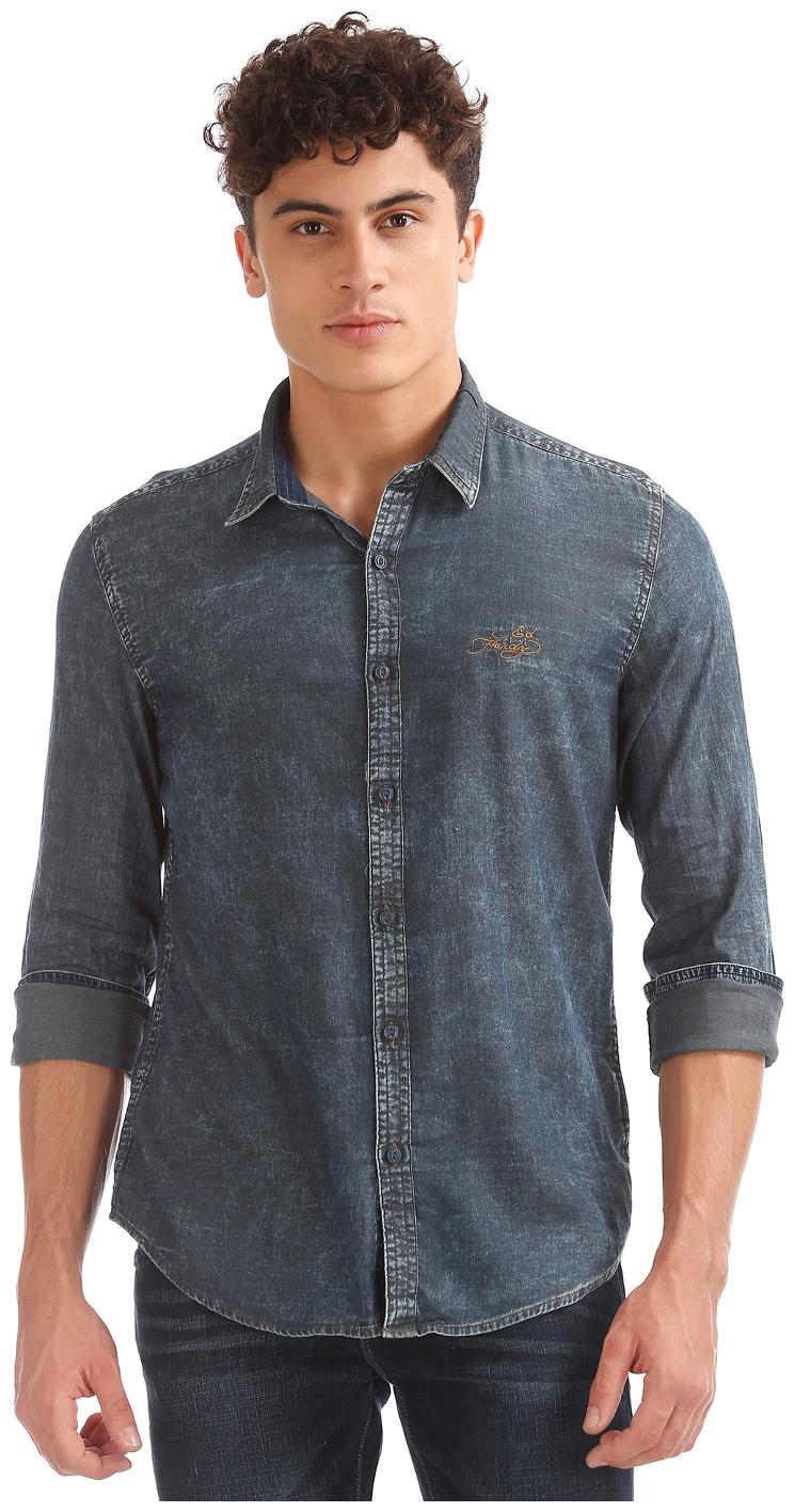 

ED Hardy Men Blue Solid Slim Fit Casual Shirt