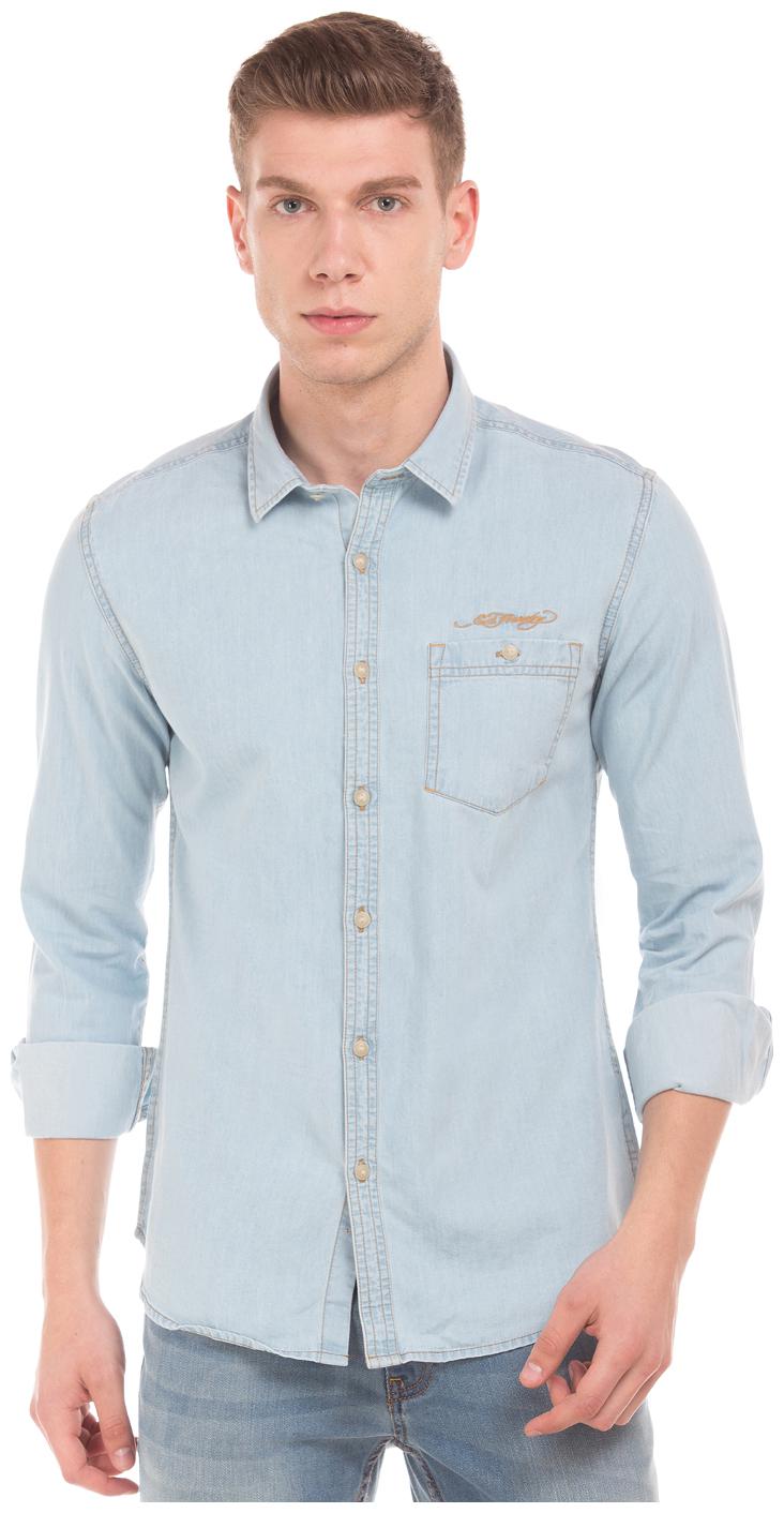 

Ed Hardy Blue Cotton Washed Slim Fit Chambray Shirt