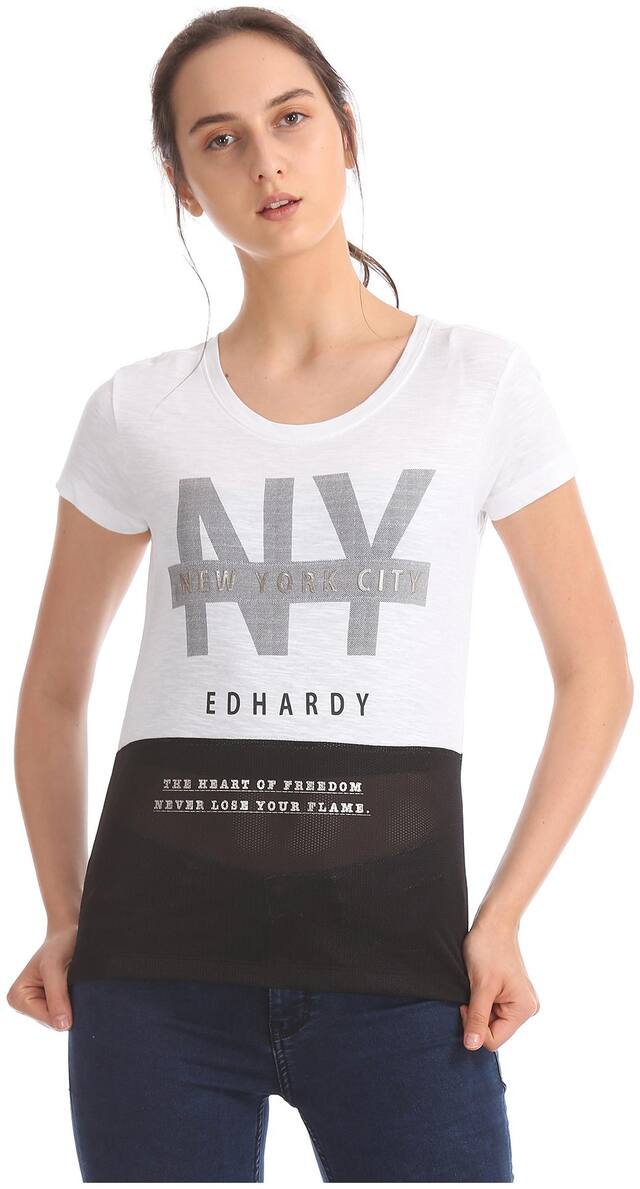 ED Hardy Women White & Black Regular fit Round neck Cotton T shirt