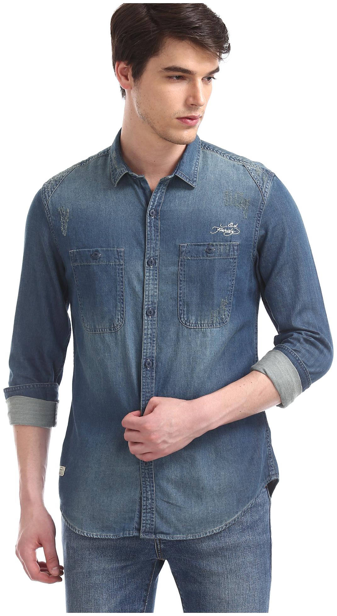 

ED Hardy Men Blue Faded Regular Fit Casual Shirt