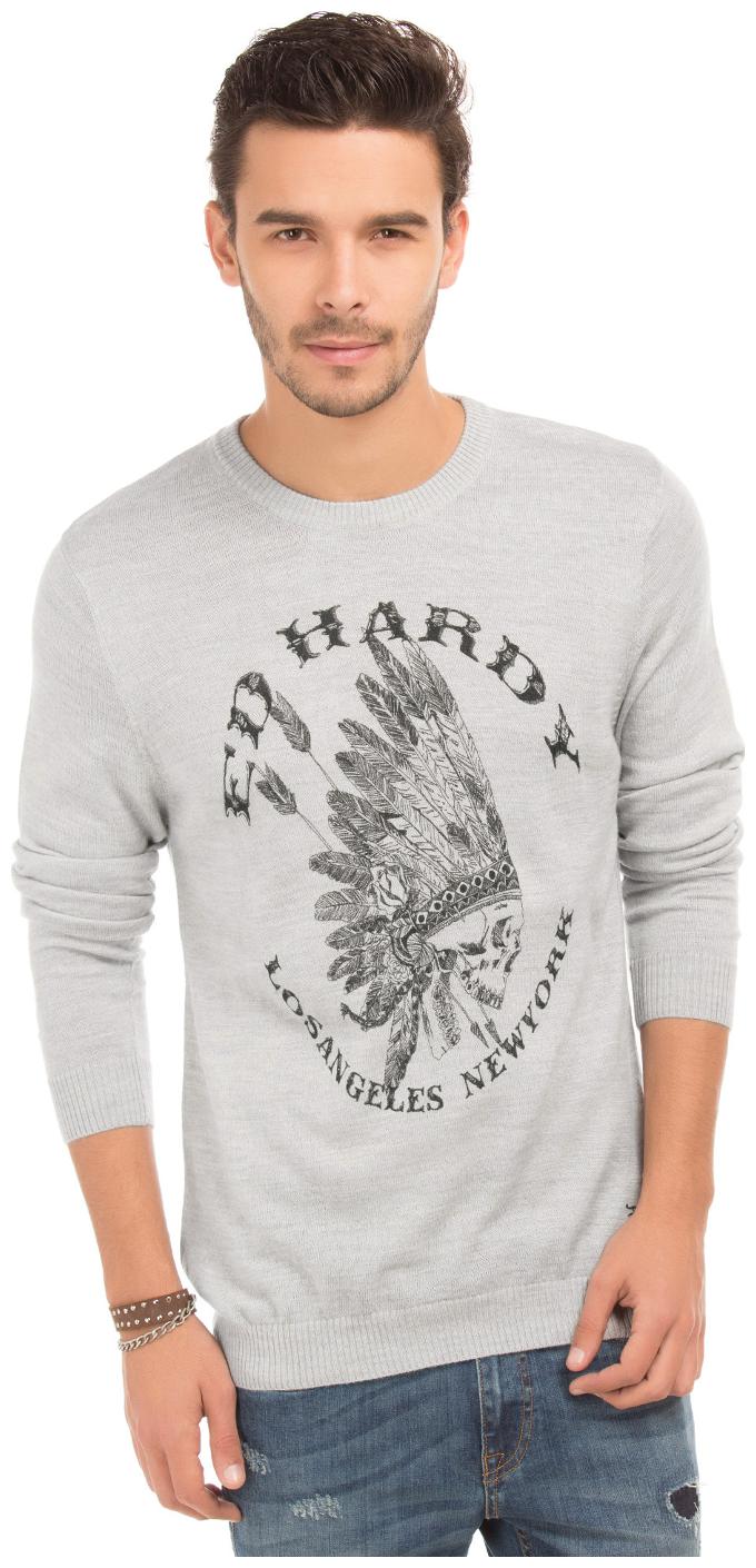

Ed Hardy Grey Acrylic Round Neck Printed Sweater