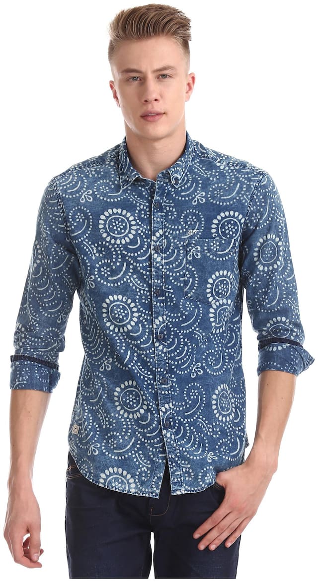 ED Hardy Men Blue Printed Slim Fit Casual Shirt