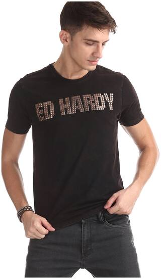 ED Hardy Men Cotton Solid Black T Shirt