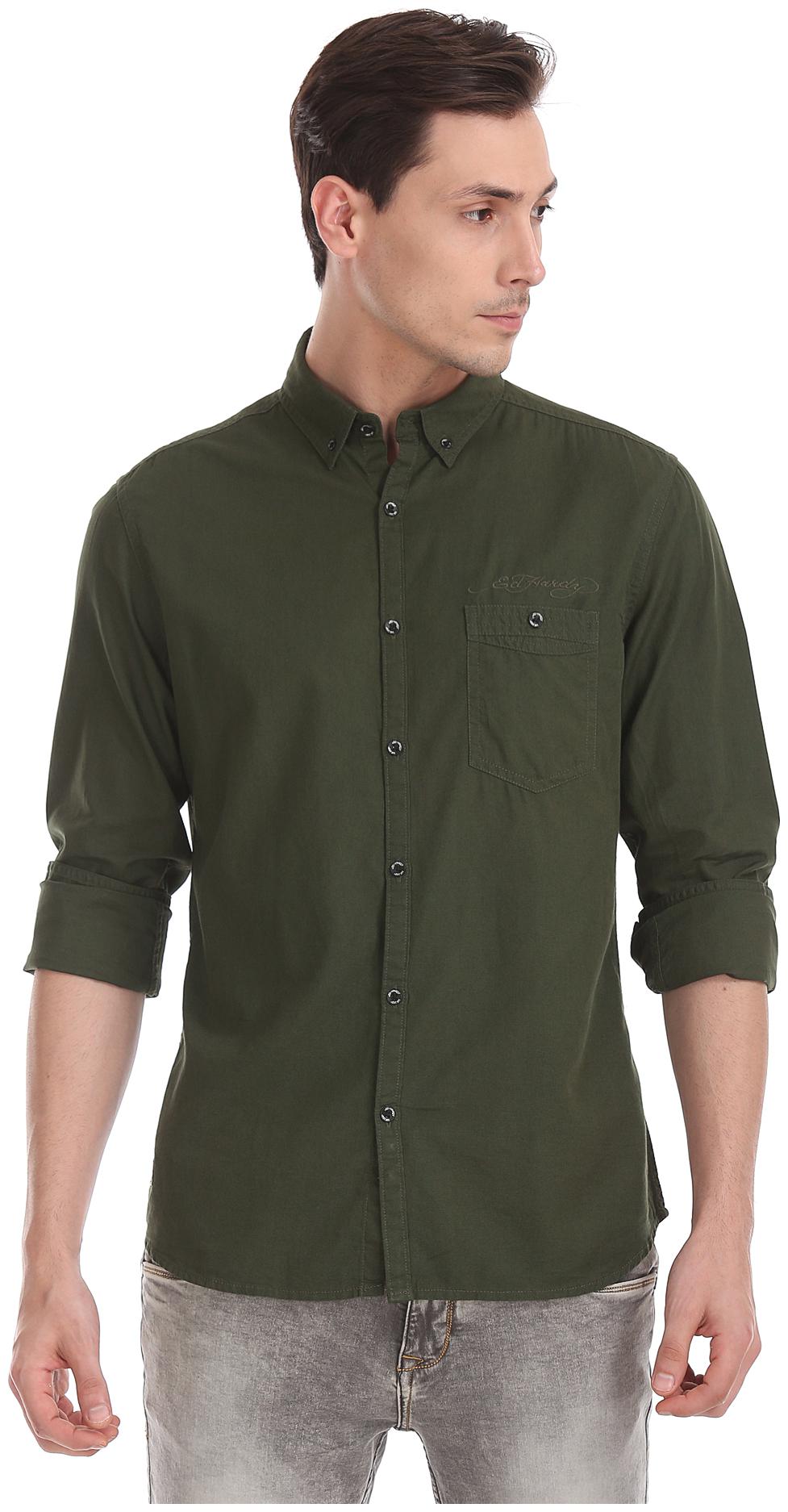 

ED Hardy Men Green Solid Slim Fit Casual Shirt