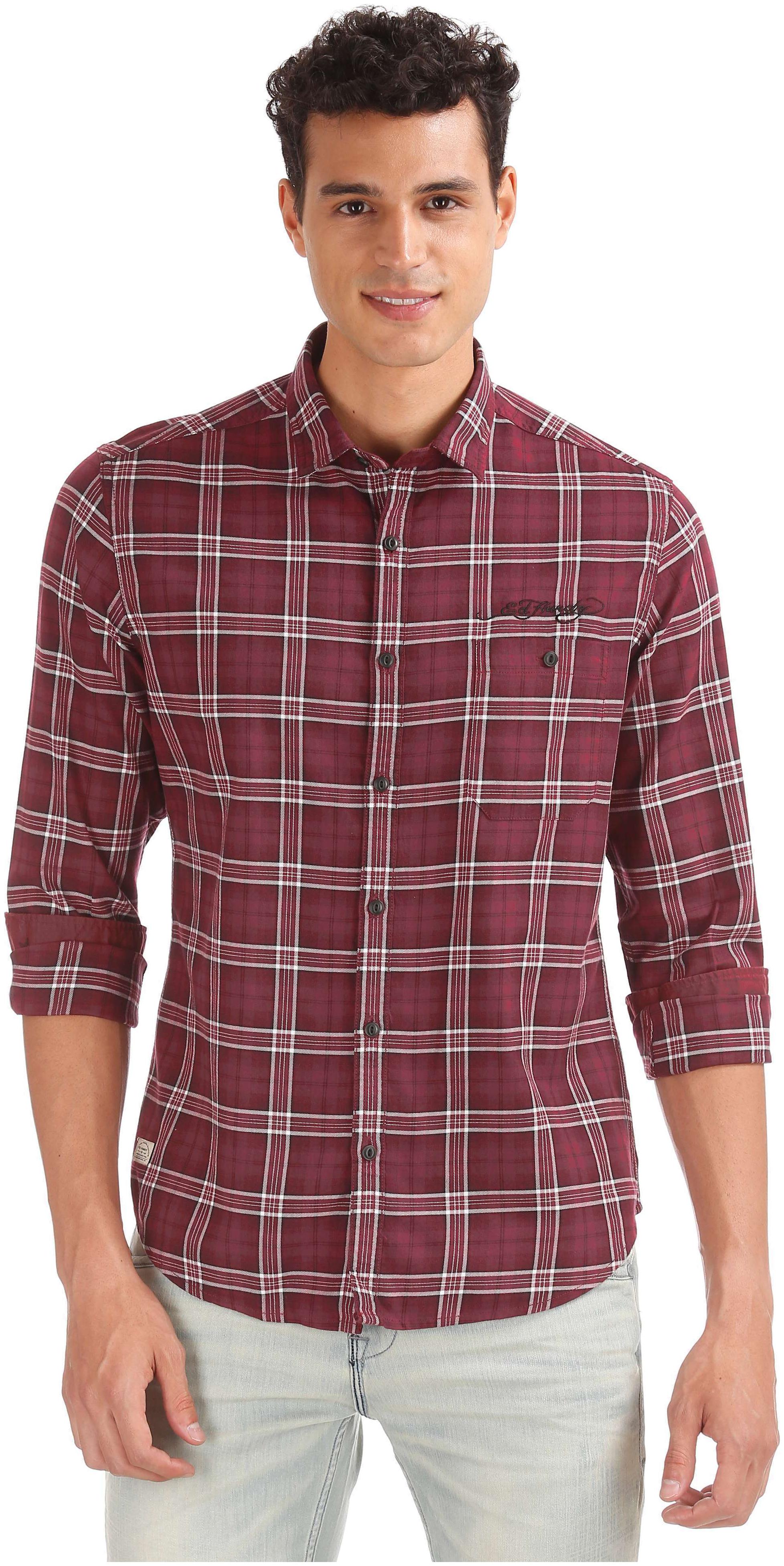 

ED Hardy Men Brown Checked Regular Fit Casual Shirt