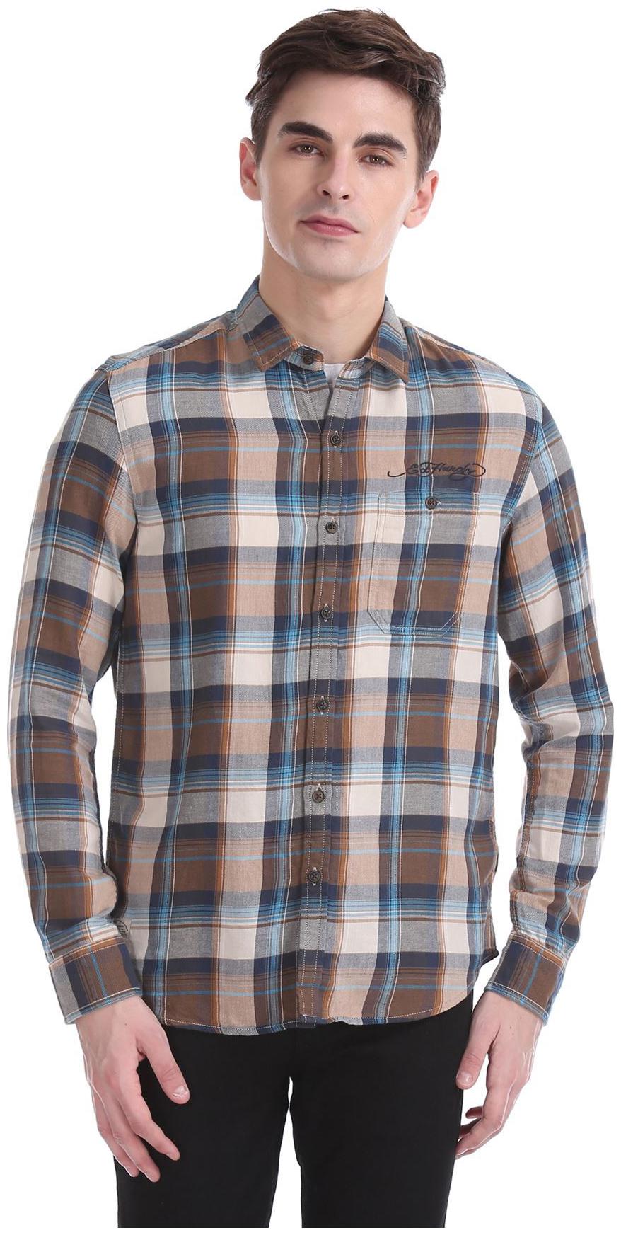 

ED Hardy Men Brown Checked Slim Fit Casual Shirt