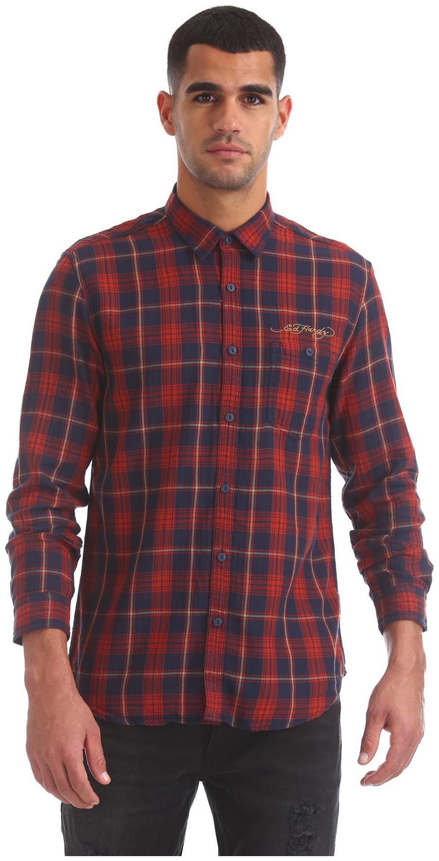 

ED Hardy Men Maroon Checked Slim Fit Casual Shirt
