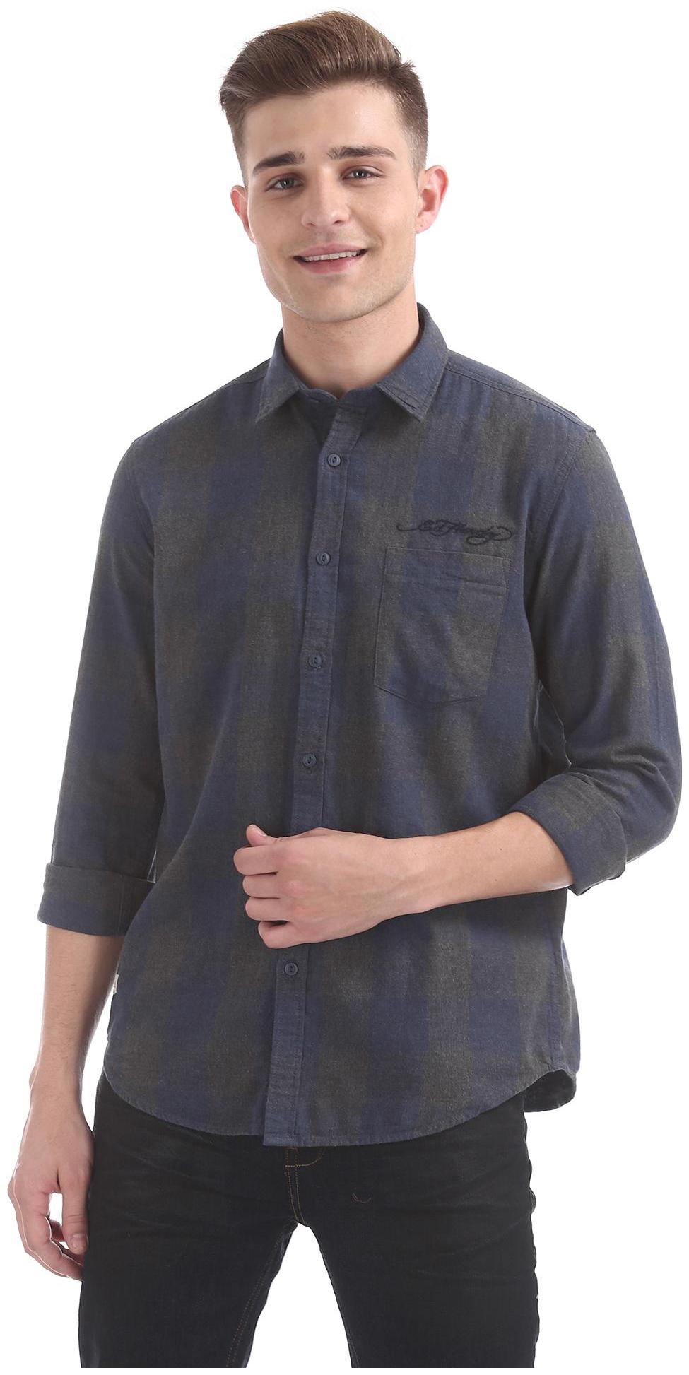 

ED Hardy Men Grey Checked Slim Fit Casual Shirt