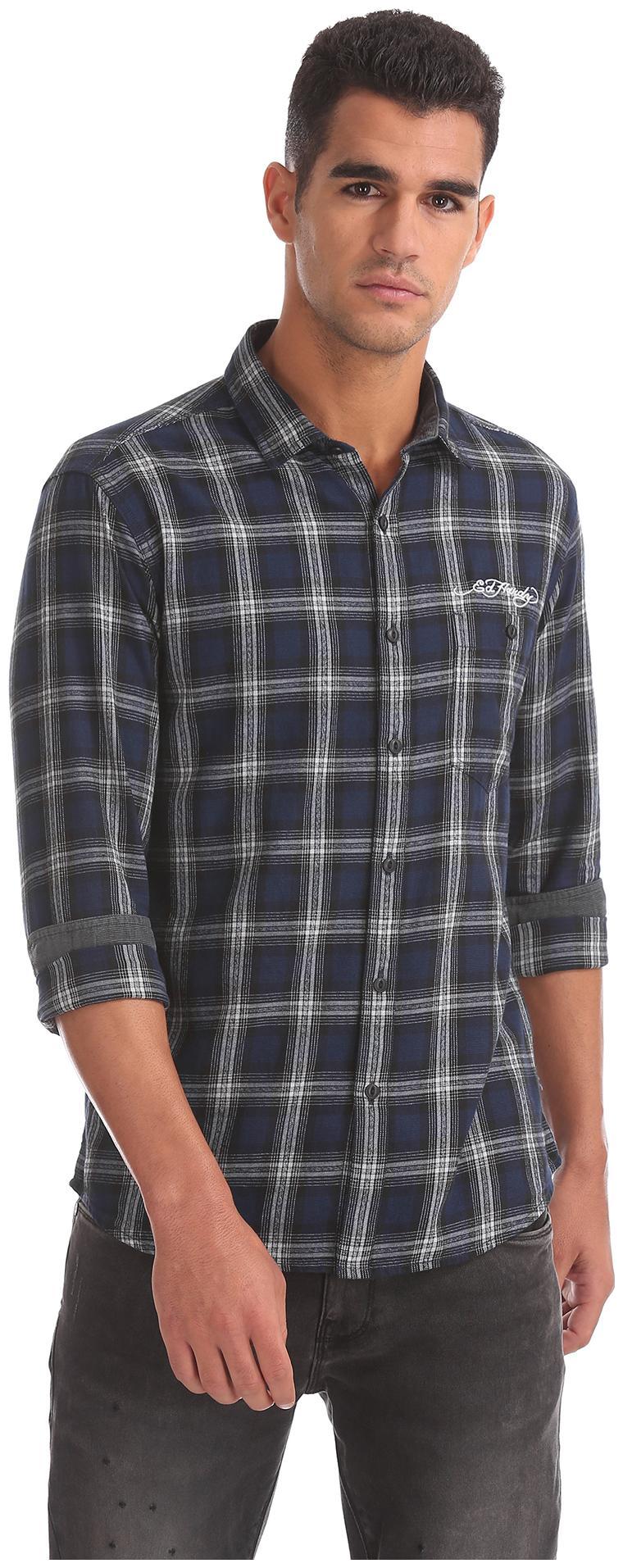 

ED Hardy Men Blue Checked Slim Fit Casual Shirt