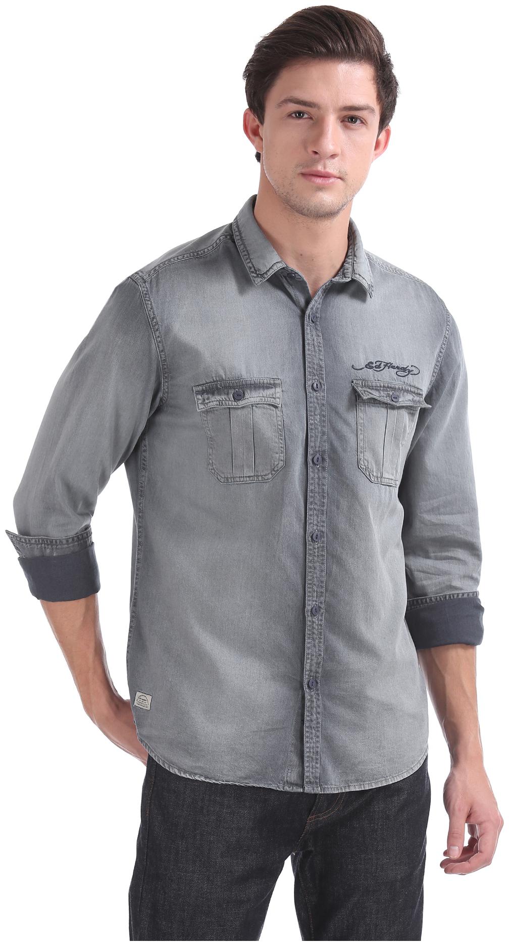 

ED Hardy Men Grey Solid Slim Fit Casual Shirt