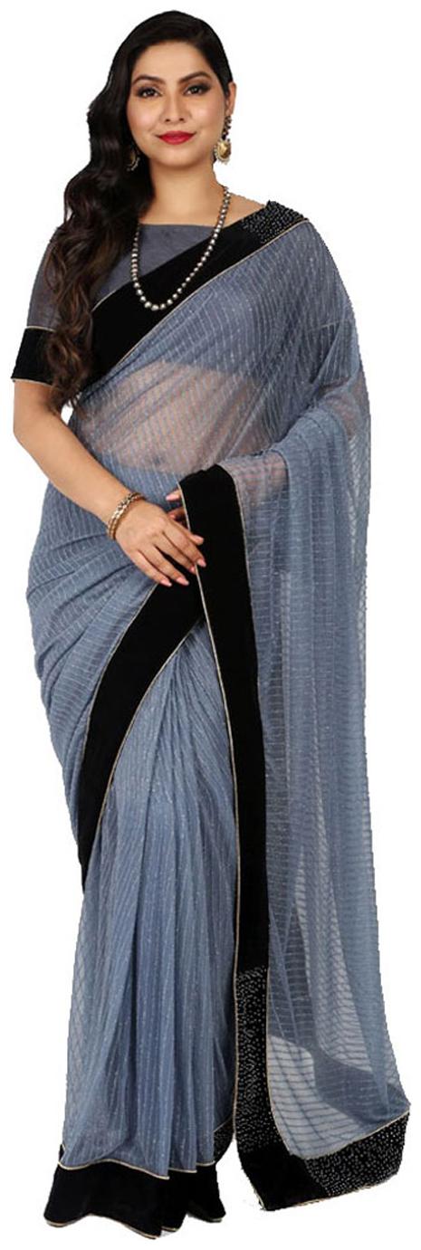 

EKA LIFESTYLE Women Georgette Striped Saree Grey