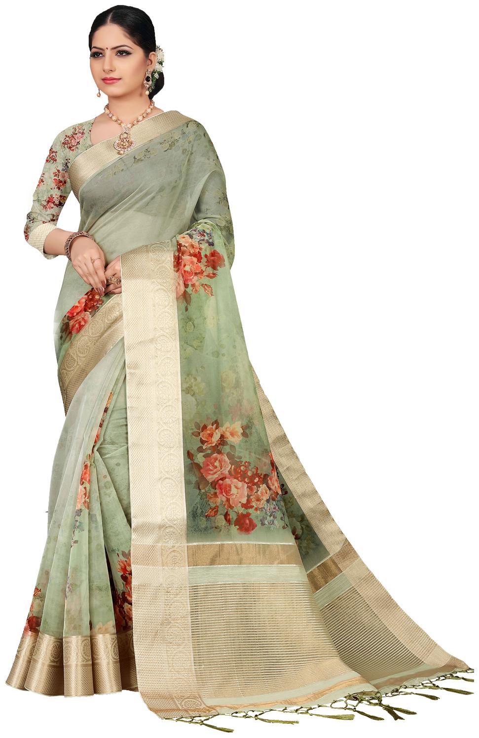 

Eka Lifestyle Women Green Organza Floral Saree
