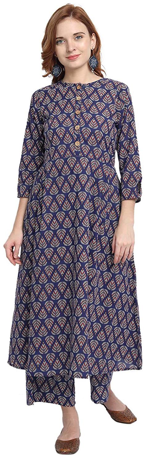 

Ekara Blue Printed A-line Flared kurta set with Palazzos