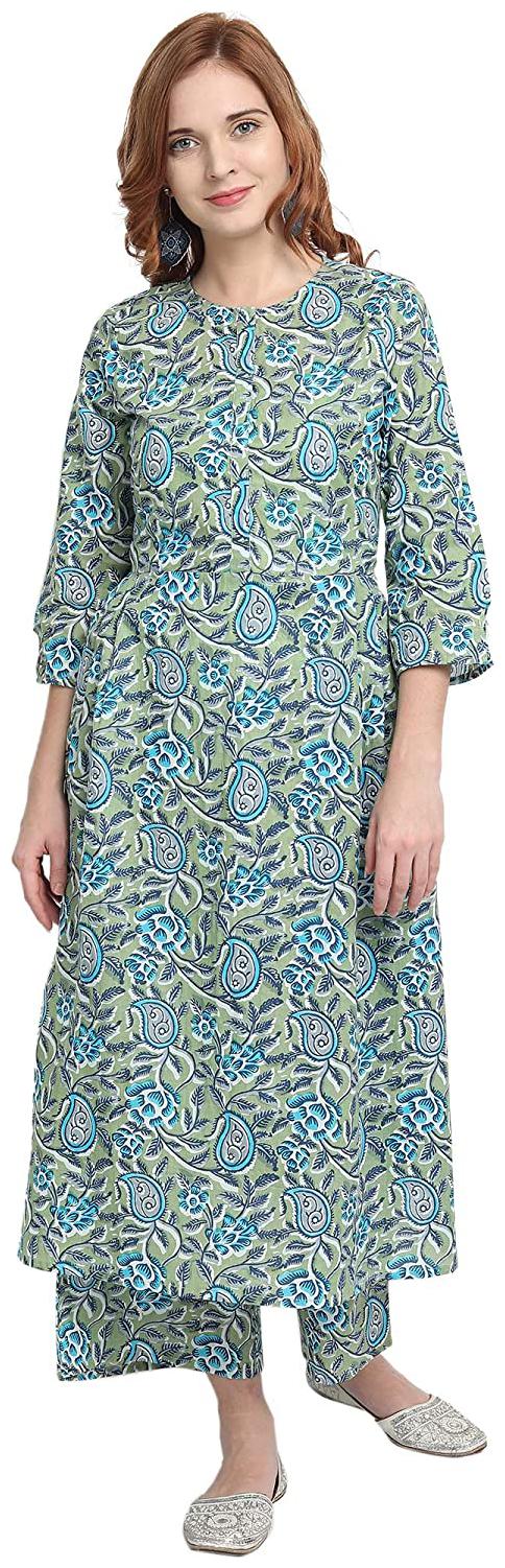 

Ekara Olive Green Floral Gathered Waist Flared Kurta with Palazzos
