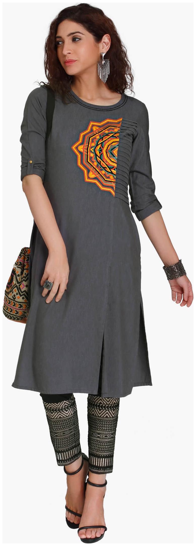 

NAARI Women Grey Embroidered Straight Kurti