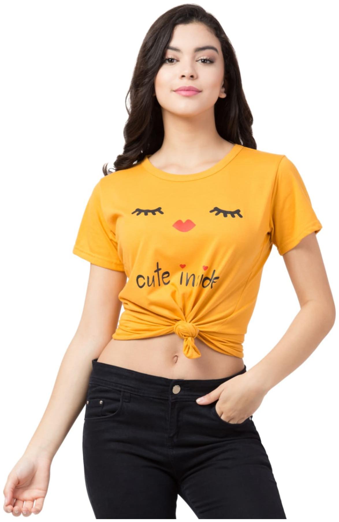 

ELFLADY Women Yellow Regular fit Round neck Cotton T shirt