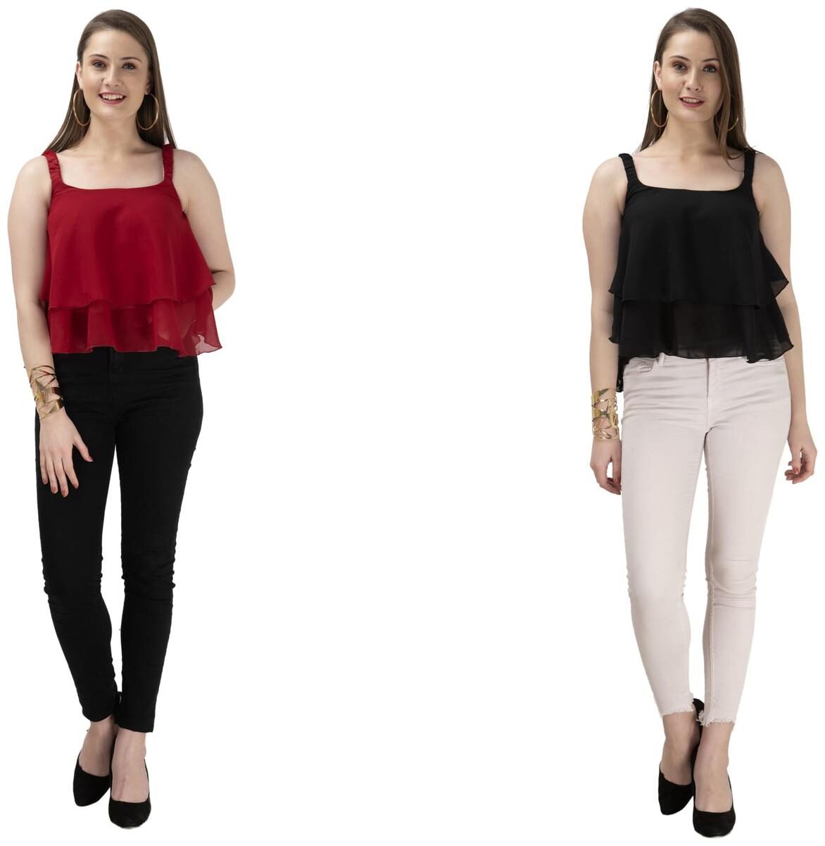 

ELFLADY Women Solid Regular top - Maroon Black