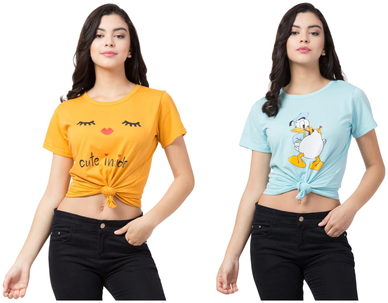 

Elflady Women Cotton Printed Half Sleeves Regular Top (Yellow Turquoise)