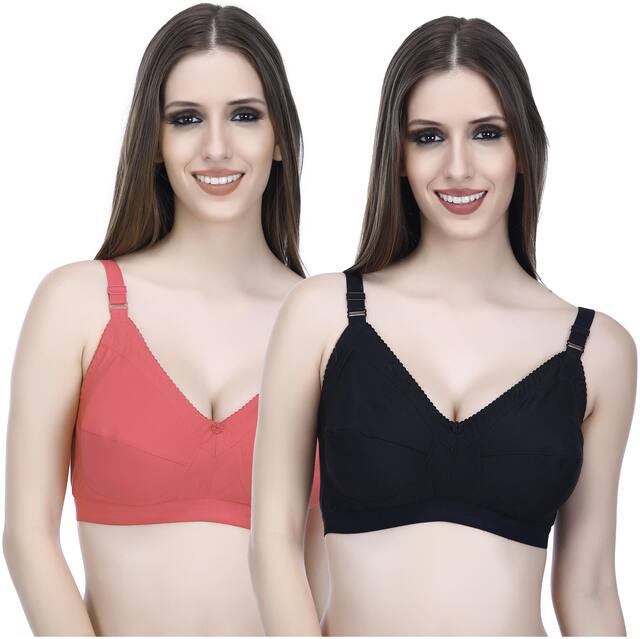 Elina Pack of 2 Non Padded Cotton T Shirt Bra - Black , Pink