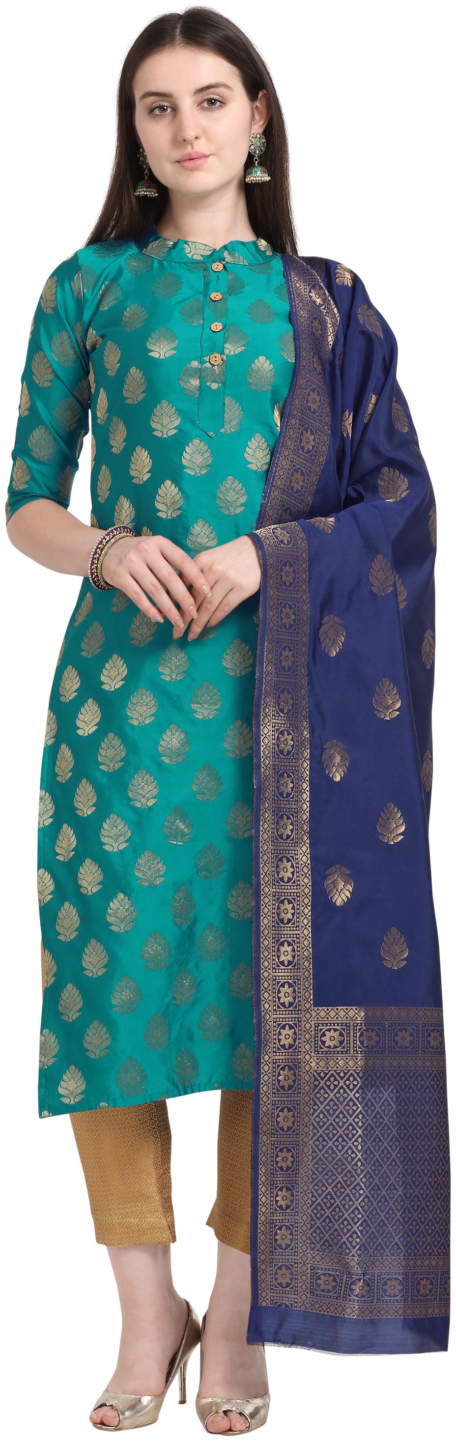 

Elora Turquoise Unstitched Kurta with bottom dupatta With dupatta Dress Material