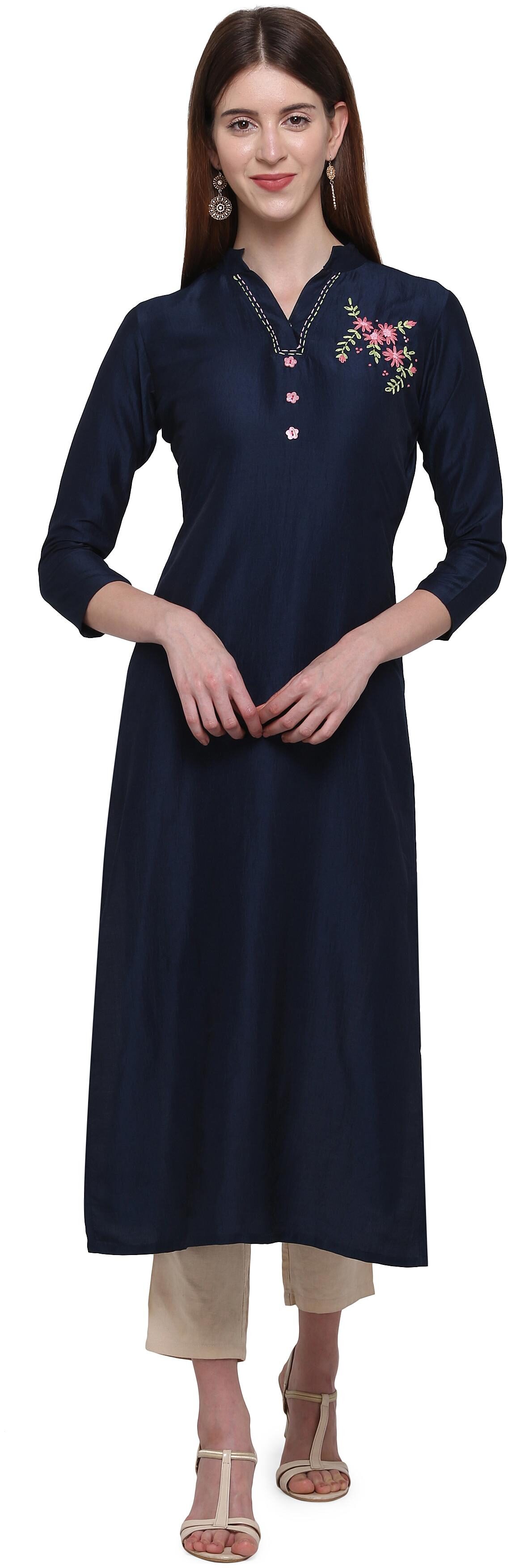 

Elora Women Navy Blue Embroidered Straight Kurti
