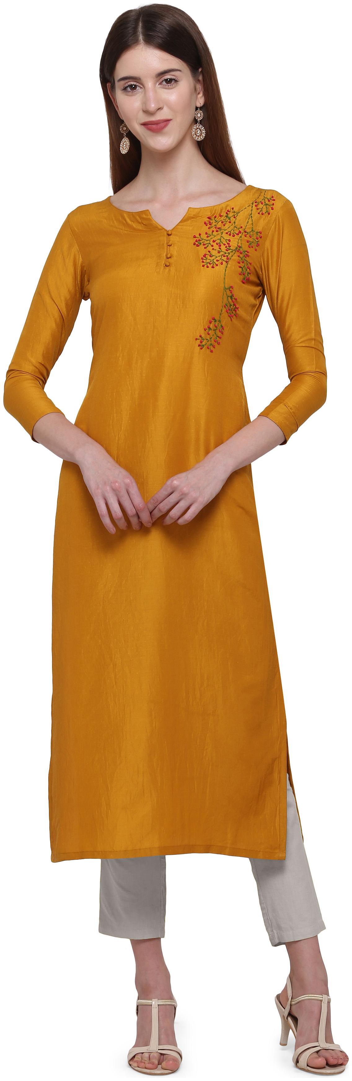 

Elora Women Mustard Embroidered Straight Kurti