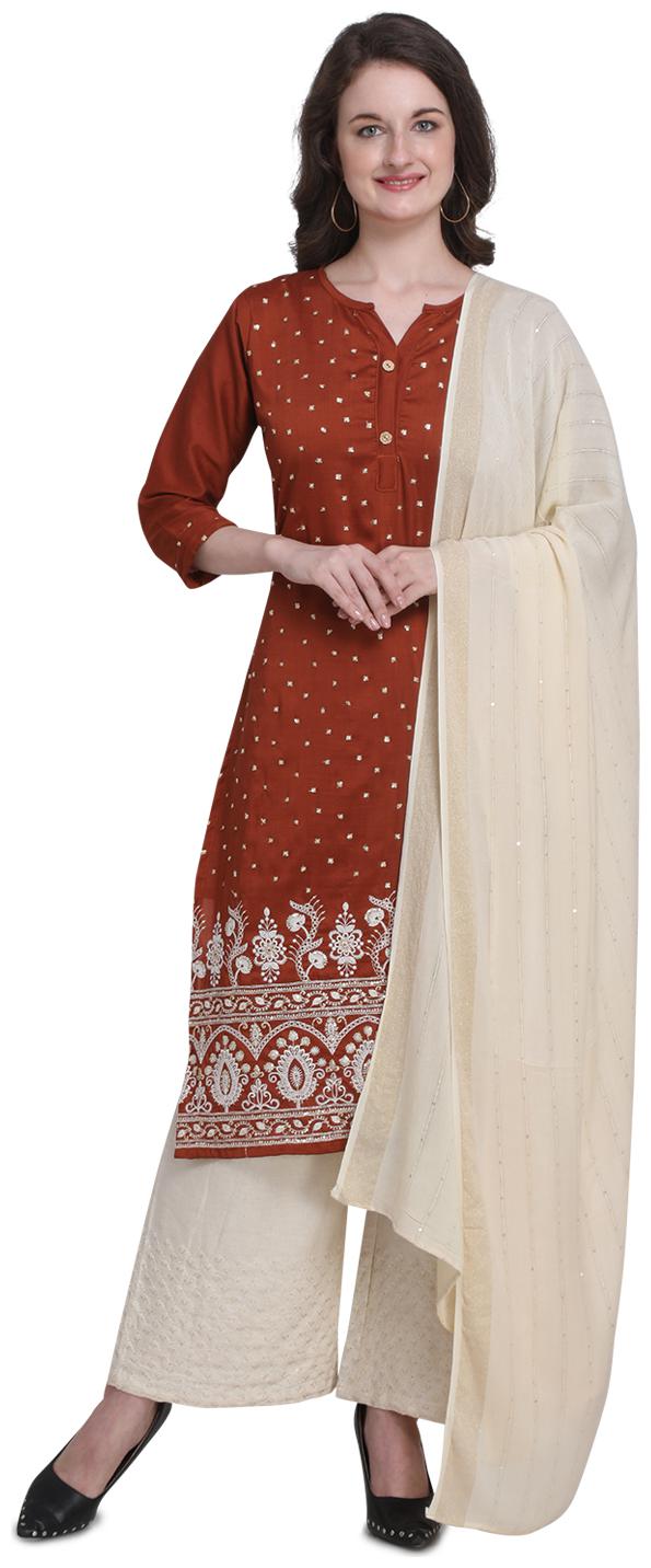 

Elora Brown Unstitched Kurta with bottom dupatta With dupatta Dress Material