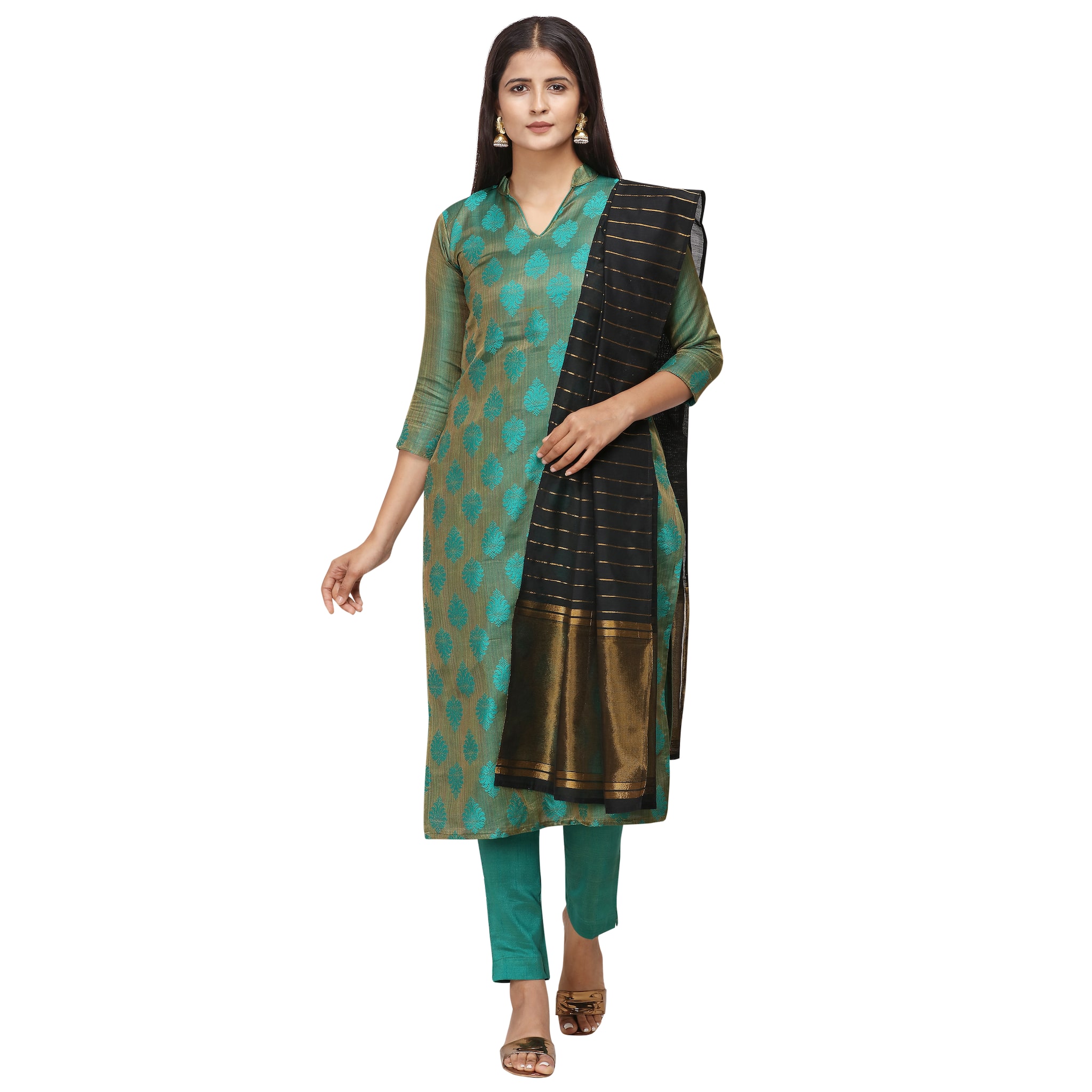 

Elora Turquoise Unstitched Kurta with bottom dupatta With dupatta Dress Material