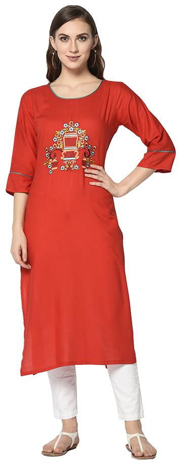 

Elora Rayon Hand Embroidered Kurti for Women Red