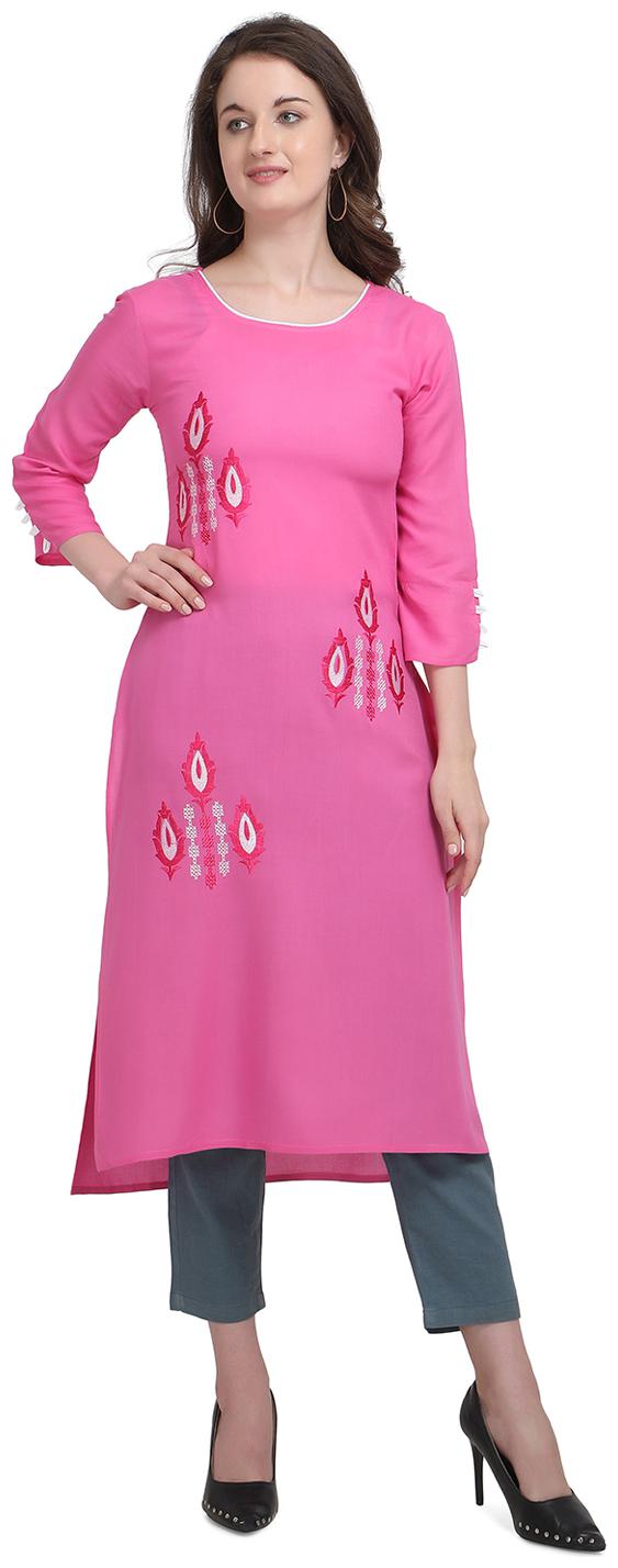 

Elora Women Pink Embroidered Straight Kurti