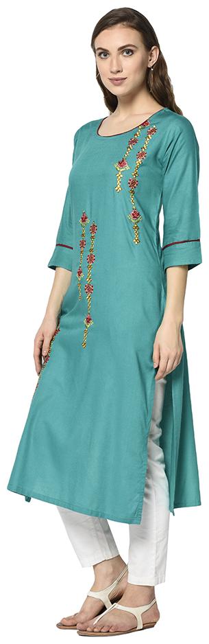 

Elora Rayon Hand Embroidered Kurti for Women Turquoise