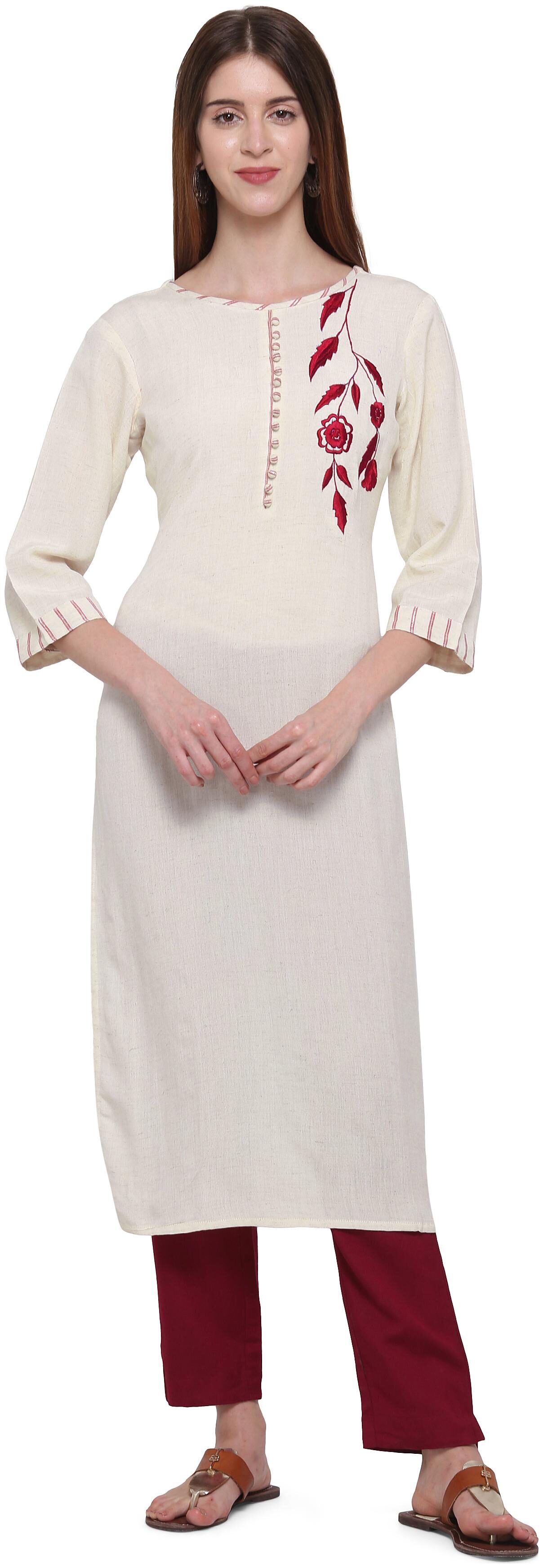 

Elora Women Cotton Embroidered Maroon Beige Kurti With Pants
